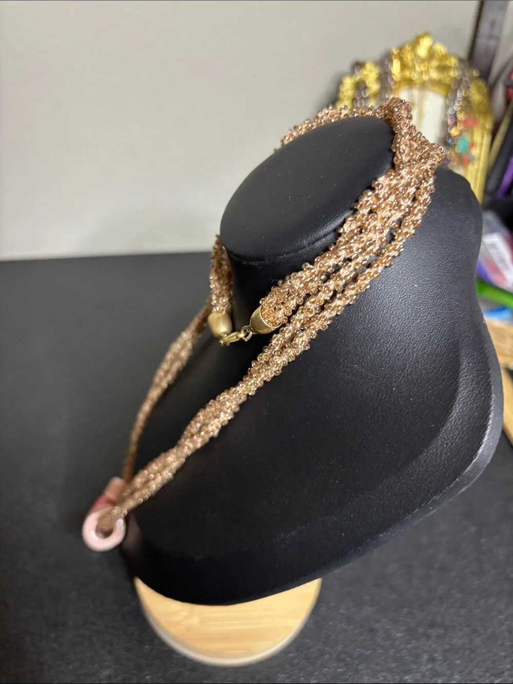 Rose Gold Boho Unique Beaded Long Necklace Pink Ceramic Accents
